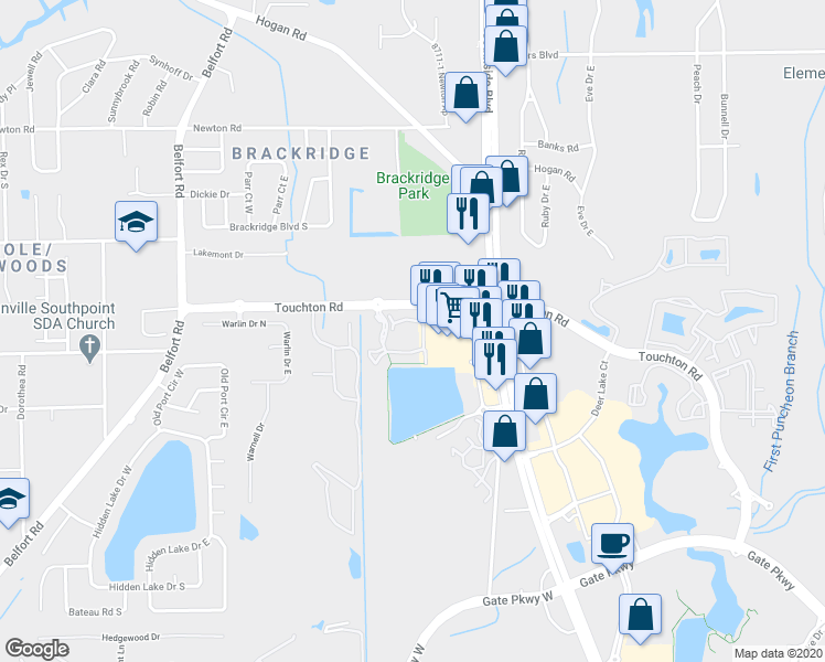 map of restaurants, bars, coffee shops, grocery stores, and more near Unnamed Road in Jacksonville