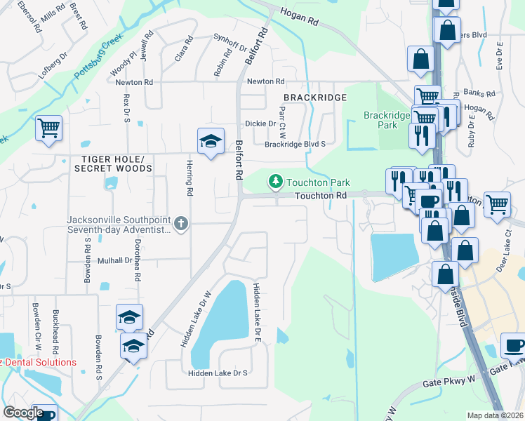 map of restaurants, bars, coffee shops, grocery stores, and more near 8258 Warlin Drive North in Jacksonville