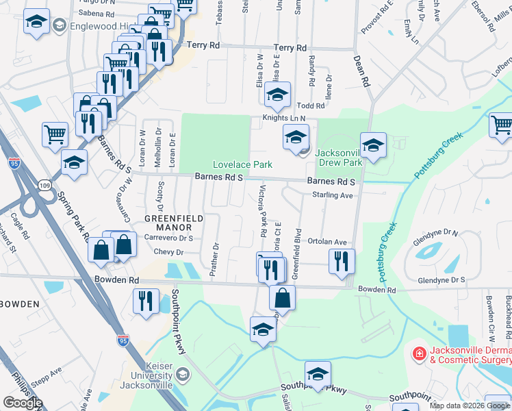map of restaurants, bars, coffee shops, grocery stores, and more near 6334 Victoria Park Court in Jacksonville