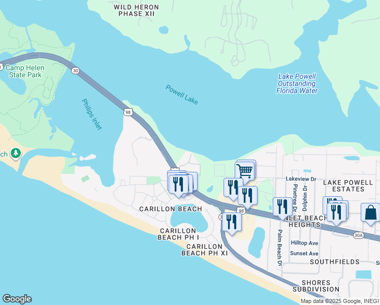 map of restaurants, bars, coffee shops, grocery stores, and more near 305 Cain Road in Panama City Beach