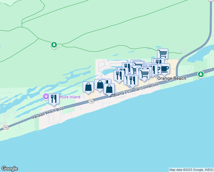 map of restaurants, bars, coffee shops, grocery stores, and more near 25125 Perdido Beach Boulevard in Orange Beach