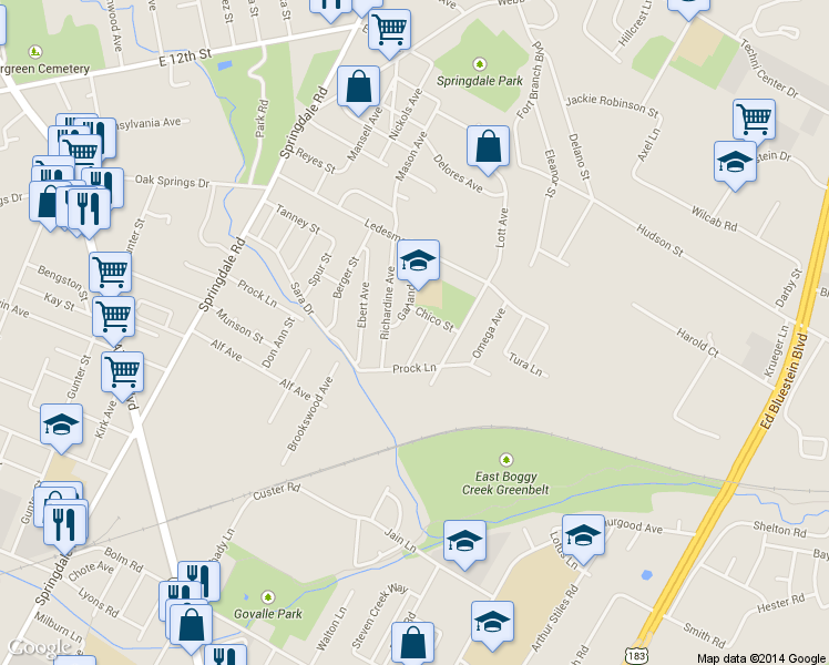 map of restaurants, bars, coffee shops, grocery stores, and more near 1116 Estes Avenue in Austin