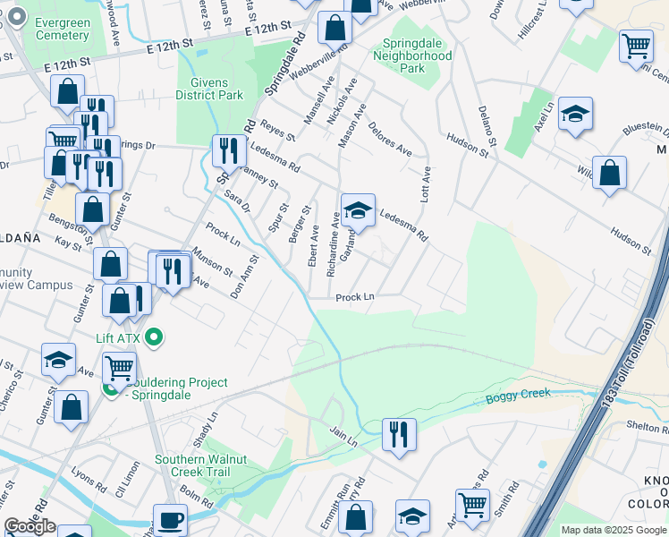 map of restaurants, bars, coffee shops, grocery stores, and more near 1113 Richardine Avenue in Austin
