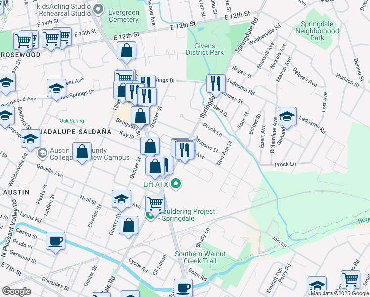 map of restaurants, bars, coffee shops, grocery stores, and more near 4601 Alf Avenue in Austin