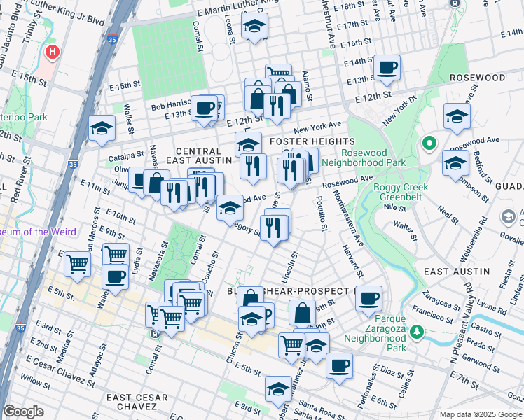 map of restaurants, bars, coffee shops, grocery stores, and more near 1134 Salina Street in Austin