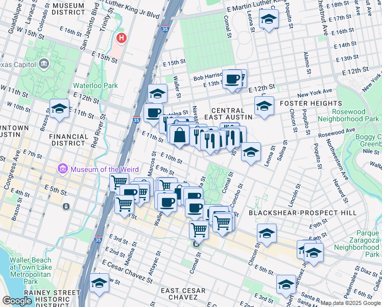 map of restaurants, bars, coffee shops, grocery stores, and more near 1133 East 11th Street in Austin