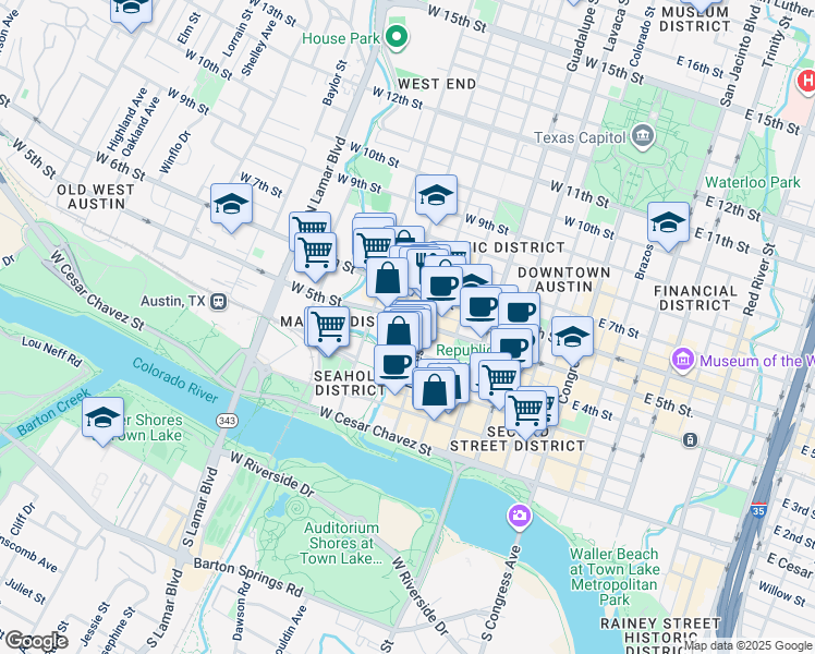 map of restaurants, bars, coffee shops, grocery stores, and more near 601 West 5th Street in Austin