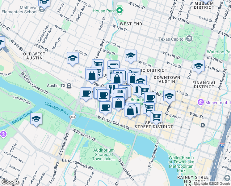 map of restaurants, bars, coffee shops, grocery stores, and more near 404 Rio Grande Street in Austin