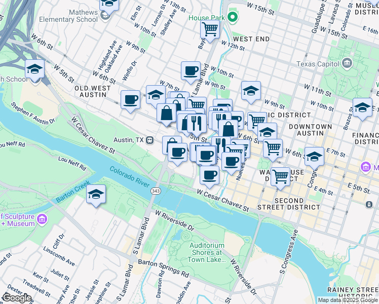 map of restaurants, bars, coffee shops, grocery stores, and more near 830 West 3rd Street in Austin
