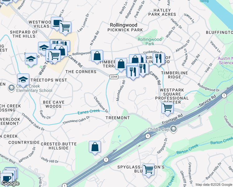 map of restaurants, bars, coffee shops, grocery stores, and more near 2914 Montebello Court in Austin