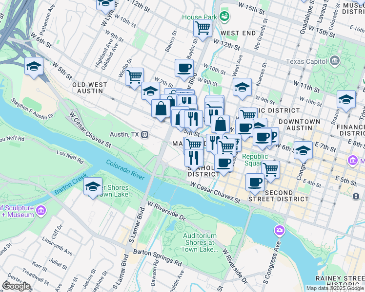 map of restaurants, bars, coffee shops, grocery stores, and more near 830 West 3rd Street in Austin