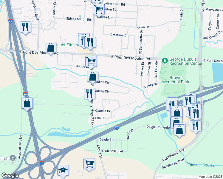 map of restaurants, bars, coffee shops, grocery stores, and more near 101-199 Julian Circle in Lafayette