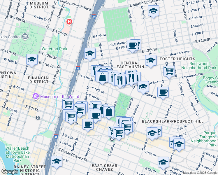 map of restaurants, bars, coffee shops, grocery stores, and more near East 11th Street in Austin