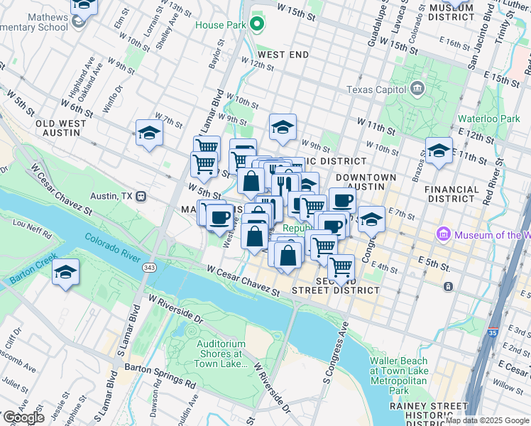 map of restaurants, bars, coffee shops, grocery stores, and more near 611 West 5th Street in Austin
