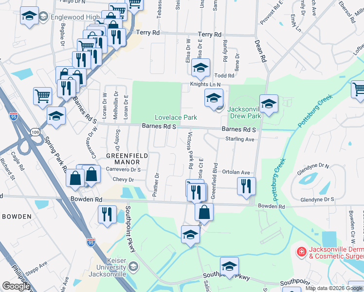 map of restaurants, bars, coffee shops, grocery stores, and more near 6334 Victoria Park Ct in Jacksonville