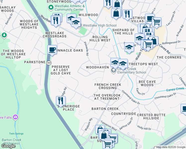 map of restaurants, bars, coffee shops, grocery stores, and more near 3511 Peregrine Falcon Drive in Austin