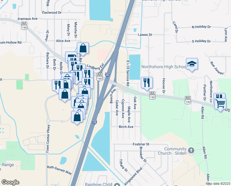 map of restaurants, bars, coffee shops, grocery stores, and more near 1600 Lindberg Drive in Slidell