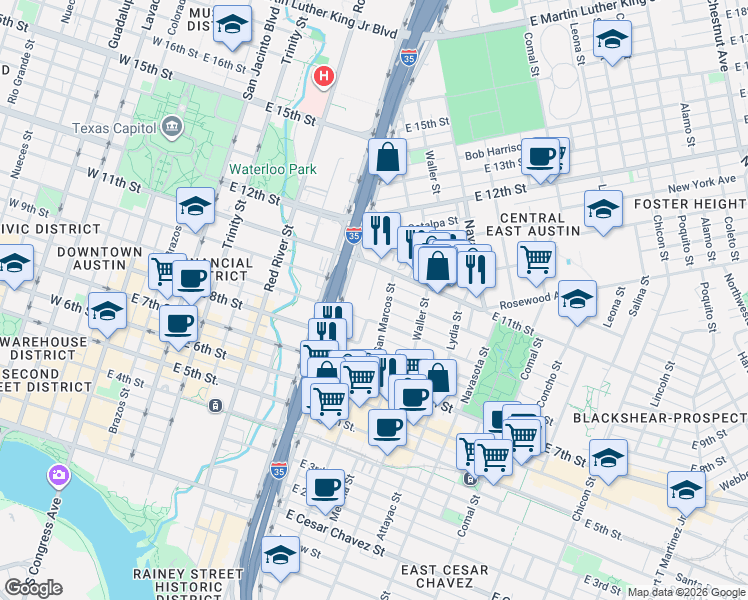 map of restaurants, bars, coffee shops, grocery stores, and more near 1004 San Marcos Street in Austin