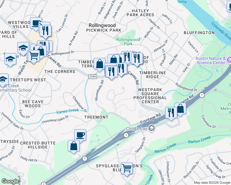map of restaurants, bars, coffee shops, grocery stores, and more near 1036 Liberty Park Drive in Austin