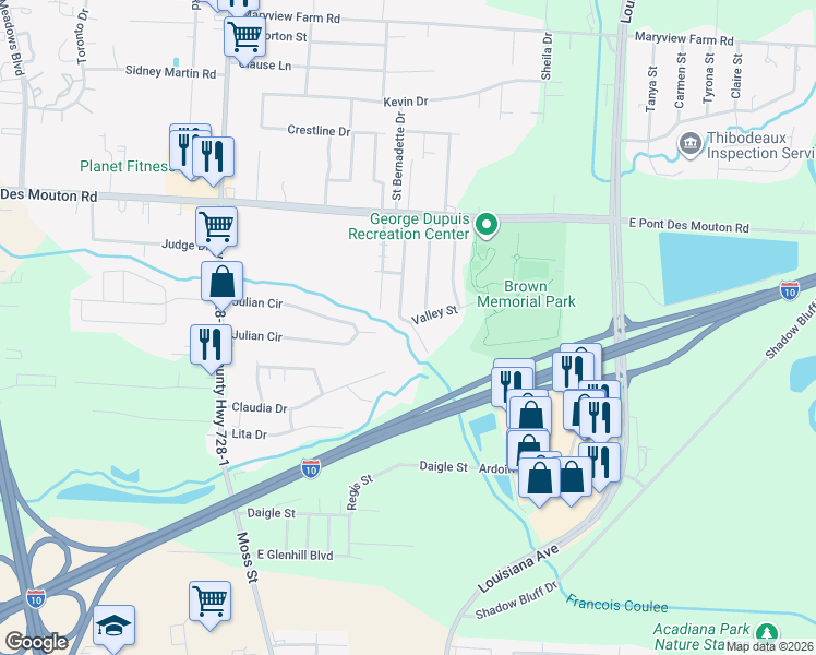 map of restaurants, bars, coffee shops, grocery stores, and more near 300 Winsor Drive in Lafayette
