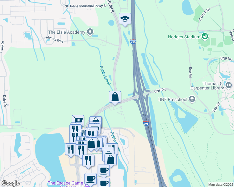 map of restaurants, bars, coffee shops, grocery stores, and more near 4567 Saint Johns Bluff Road South in Jacksonville