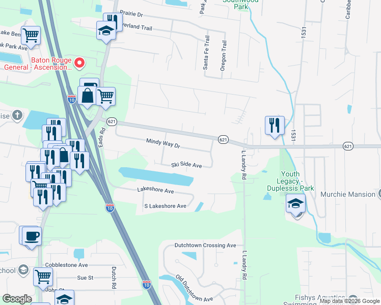 map of restaurants, bars, coffee shops, grocery stores, and more near 37329 Mindy Way Drive in Prairieville