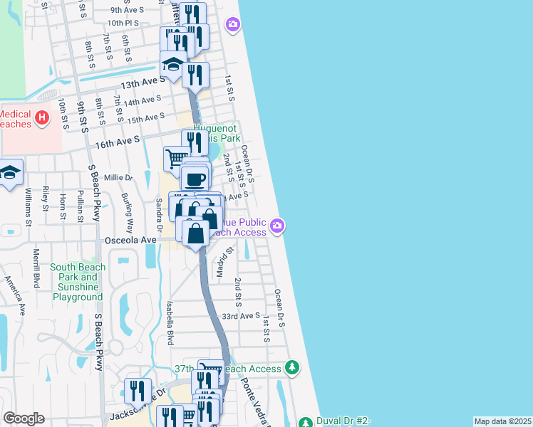map of restaurants, bars, coffee shops, grocery stores, and more near 2335 Costa Verde Boulevard in Jacksonville Beach