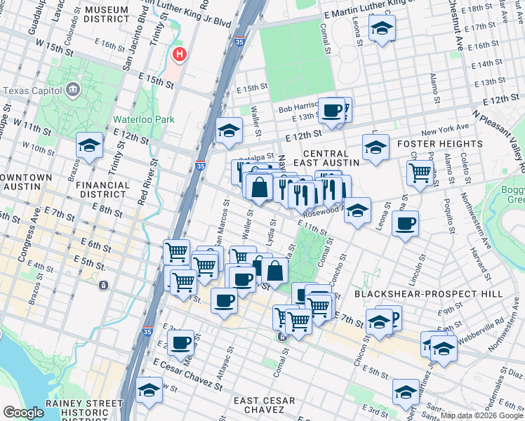 map of restaurants, bars, coffee shops, grocery stores, and more near 1115 East 11th Street in Austin