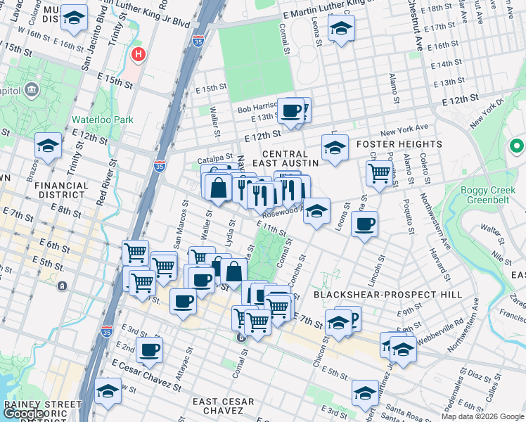 map of restaurants, bars, coffee shops, grocery stores, and more near in Austin