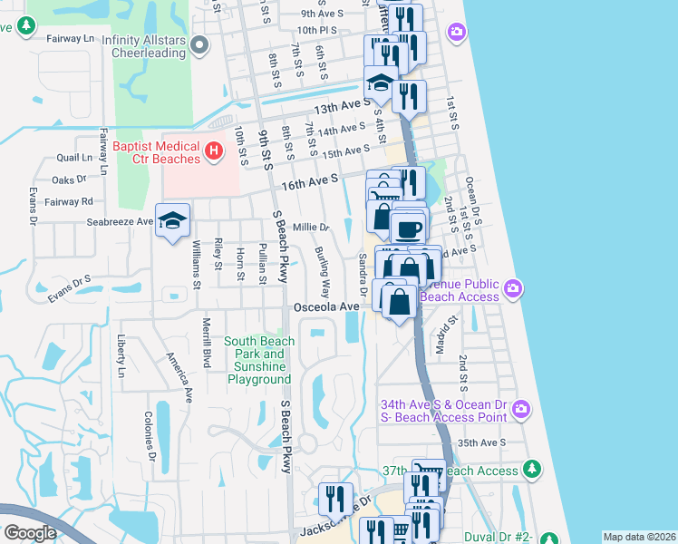 map of restaurants, bars, coffee shops, grocery stores, and more near 41 Millie Drive in Jacksonville Beach