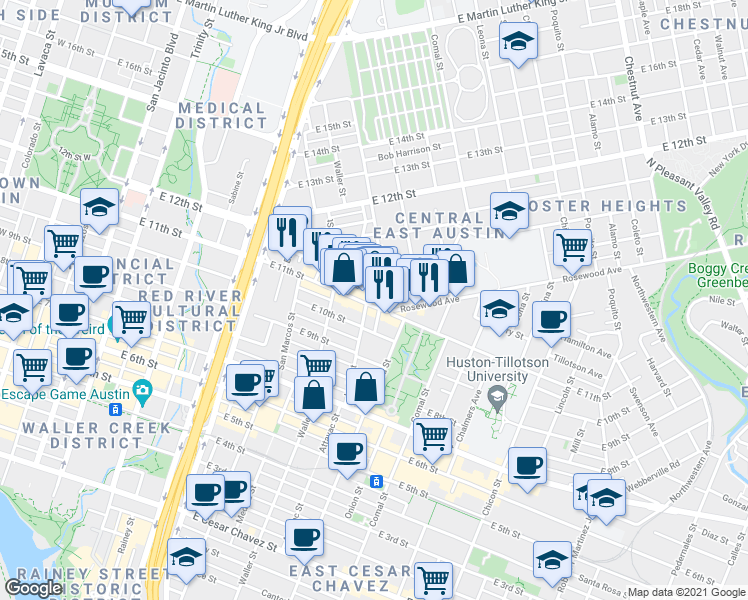 map of restaurants, bars, coffee shops, grocery stores, and more near 1133 East 11th Street in Austin