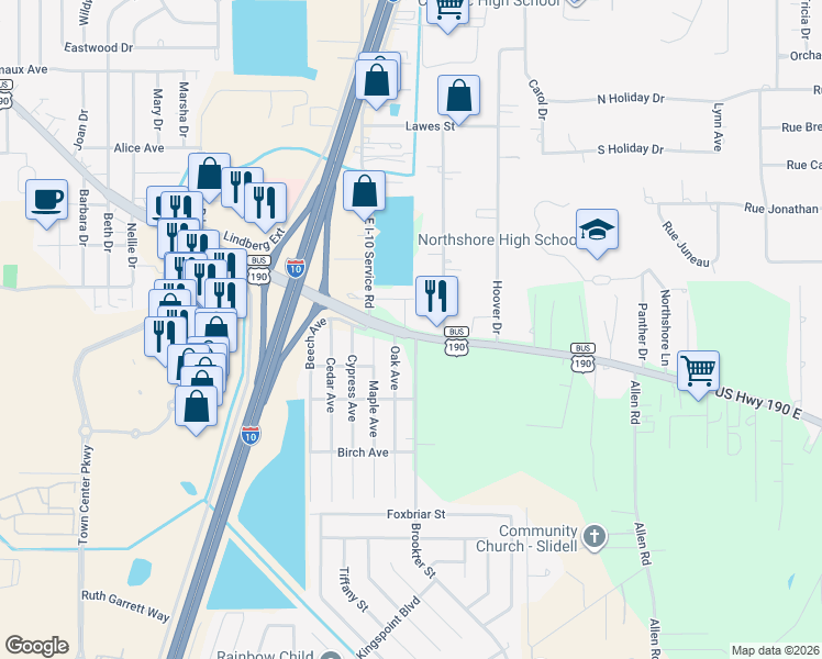 map of restaurants, bars, coffee shops, grocery stores, and more near 57480 Oak Avenue in Slidell