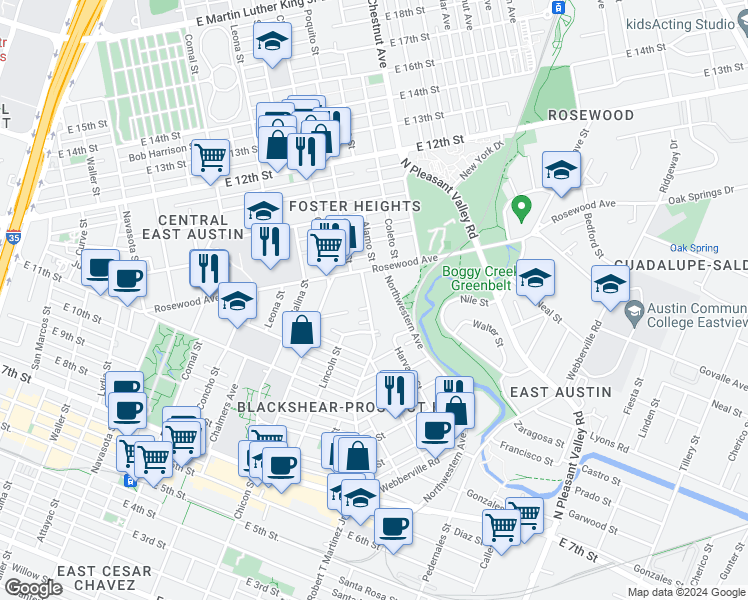 map of restaurants, bars, coffee shops, grocery stores, and more near 1141 Poquito Street in Austin