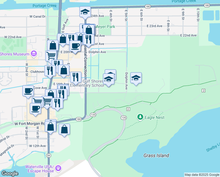 map of restaurants, bars, coffee shops, grocery stores, and more near 450 East 15th Avenue in Gulf Shores