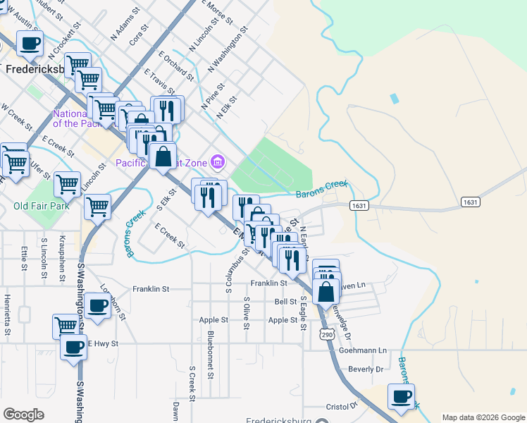 map of restaurants, bars, coffee shops, grocery stores, and more near 624 East Schubert Street in Fredericksburg