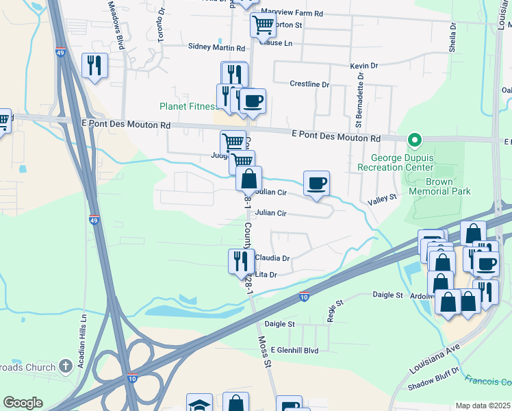 map of restaurants, bars, coffee shops, grocery stores, and more near 224 Julian Circle in Lafayette