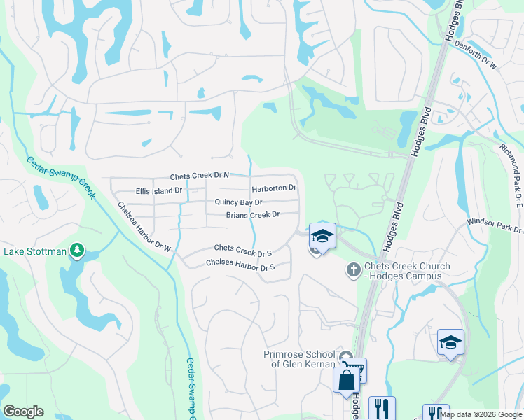 map of restaurants, bars, coffee shops, grocery stores, and more near 13070 Brians Creek Drive in Jacksonville
