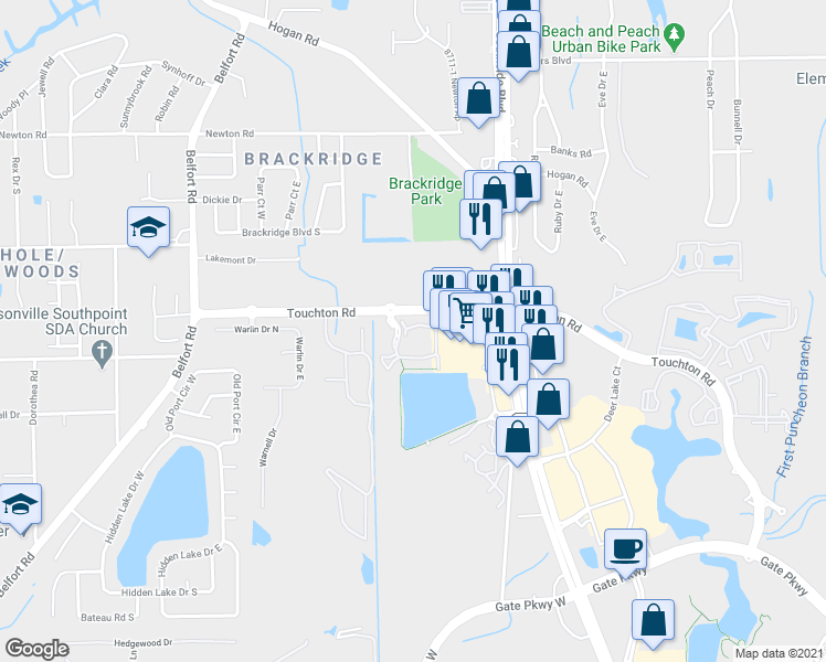 map of restaurants, bars, coffee shops, grocery stores, and more near Unnamed Road in Jacksonville