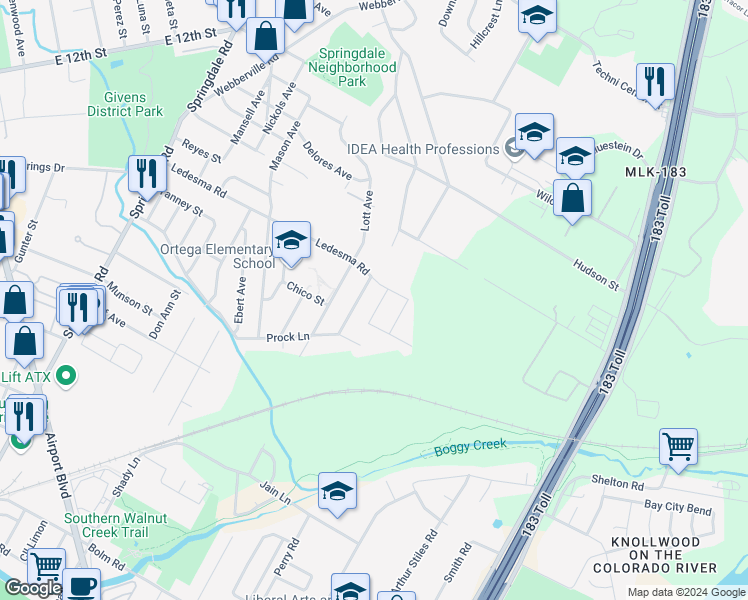 map of restaurants, bars, coffee shops, grocery stores, and more near 1112 Christie Drive in Austin