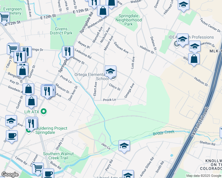 map of restaurants, bars, coffee shops, grocery stores, and more near 1116 Estes Avenue in Austin
