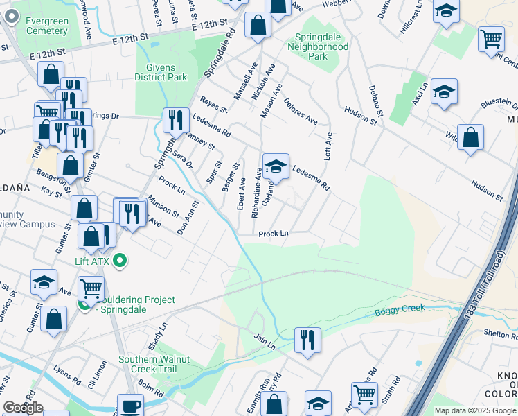 map of restaurants, bars, coffee shops, grocery stores, and more near 1113 Richardine Avenue in Austin