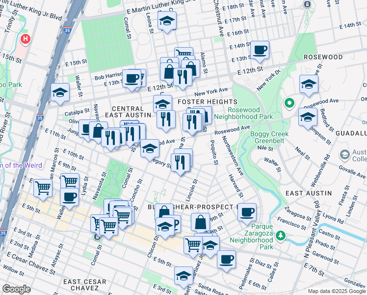 map of restaurants, bars, coffee shops, grocery stores, and more near 1143 Salina Street in Austin