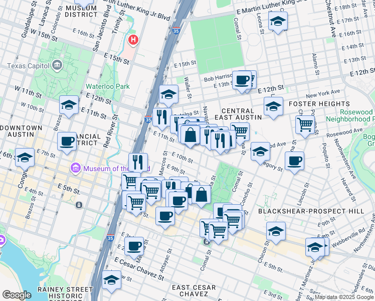 map of restaurants, bars, coffee shops, grocery stores, and more near 1100 East 10th Street in Austin