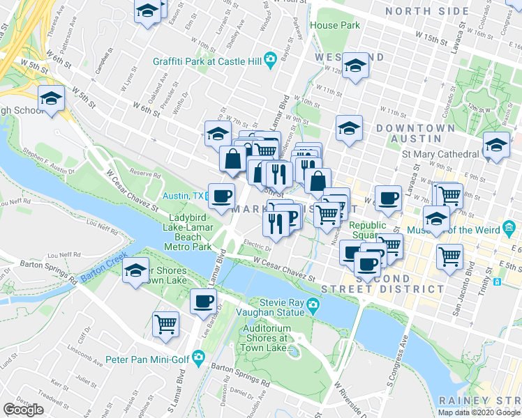 map of restaurants, bars, coffee shops, grocery stores, and more near 830 West 3rd Street in Austin