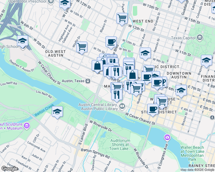 map of restaurants, bars, coffee shops, grocery stores, and more near 830 West 3rd Street in Austin