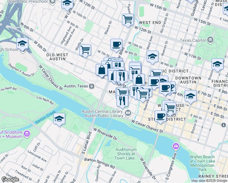 map of restaurants, bars, coffee shops, grocery stores, and more near 830 West 3rd Street in Austin