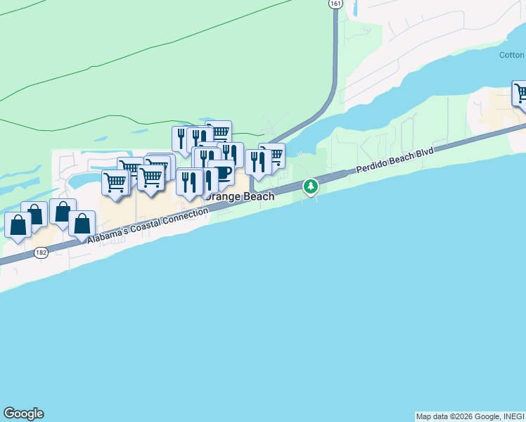 map of restaurants, bars, coffee shops, grocery stores, and more near 25768 Perdido Beach Boulevard in Orange Beach