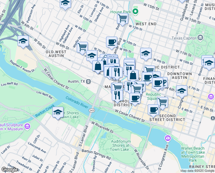 map of restaurants, bars, coffee shops, grocery stores, and more near 830 West 3rd Street in Austin