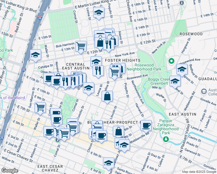 map of restaurants, bars, coffee shops, grocery stores, and more near 1143 Salina Street in Austin