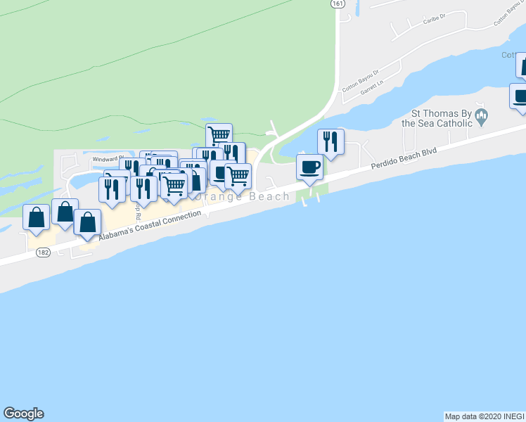 map of restaurants, bars, coffee shops, grocery stores, and more near 25768 Perdido Beach Boulevard in Orange Beach